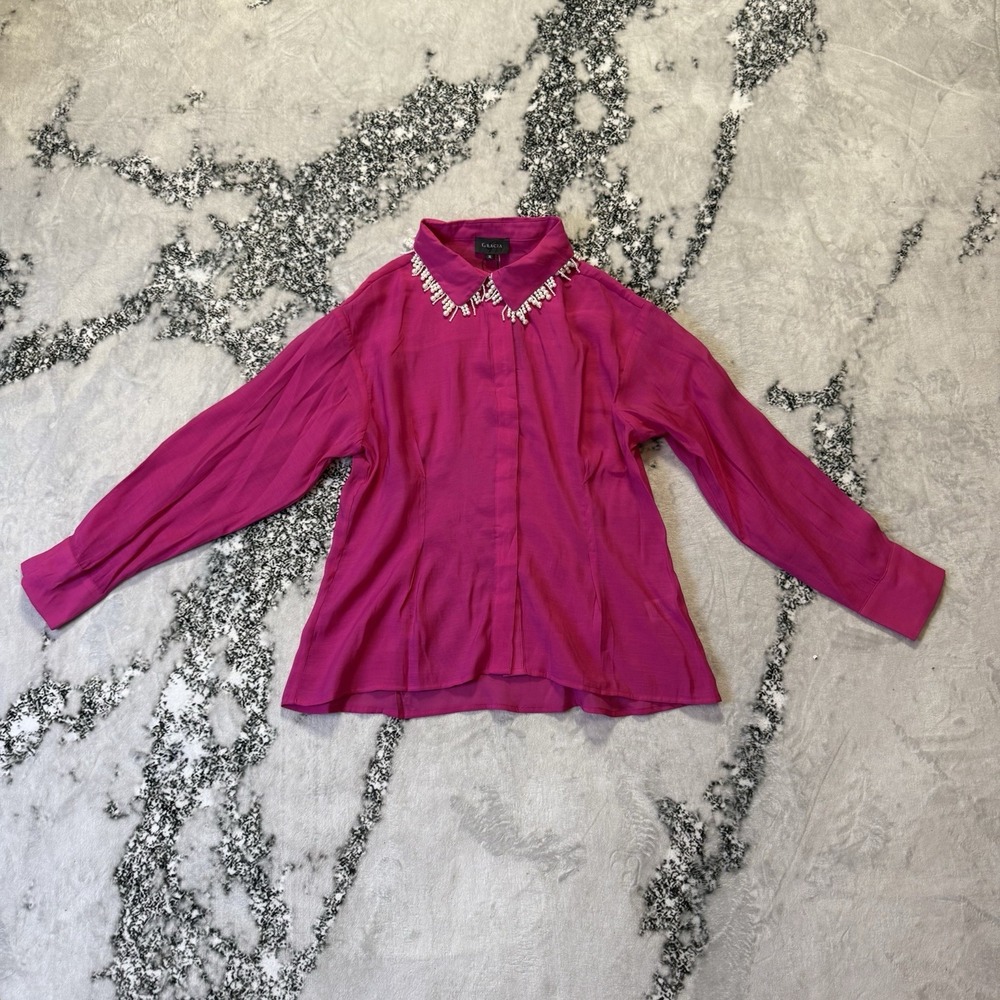 Gracia Shirt Womens Size XL Pink Jeweled Collar Long Sleeve Button‎ Up